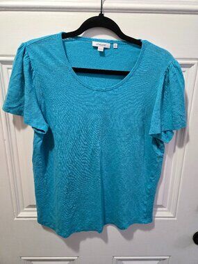 Chico's‎ 2 US Large 100% Linen Turquoise Puff Sleeve Tee Top L